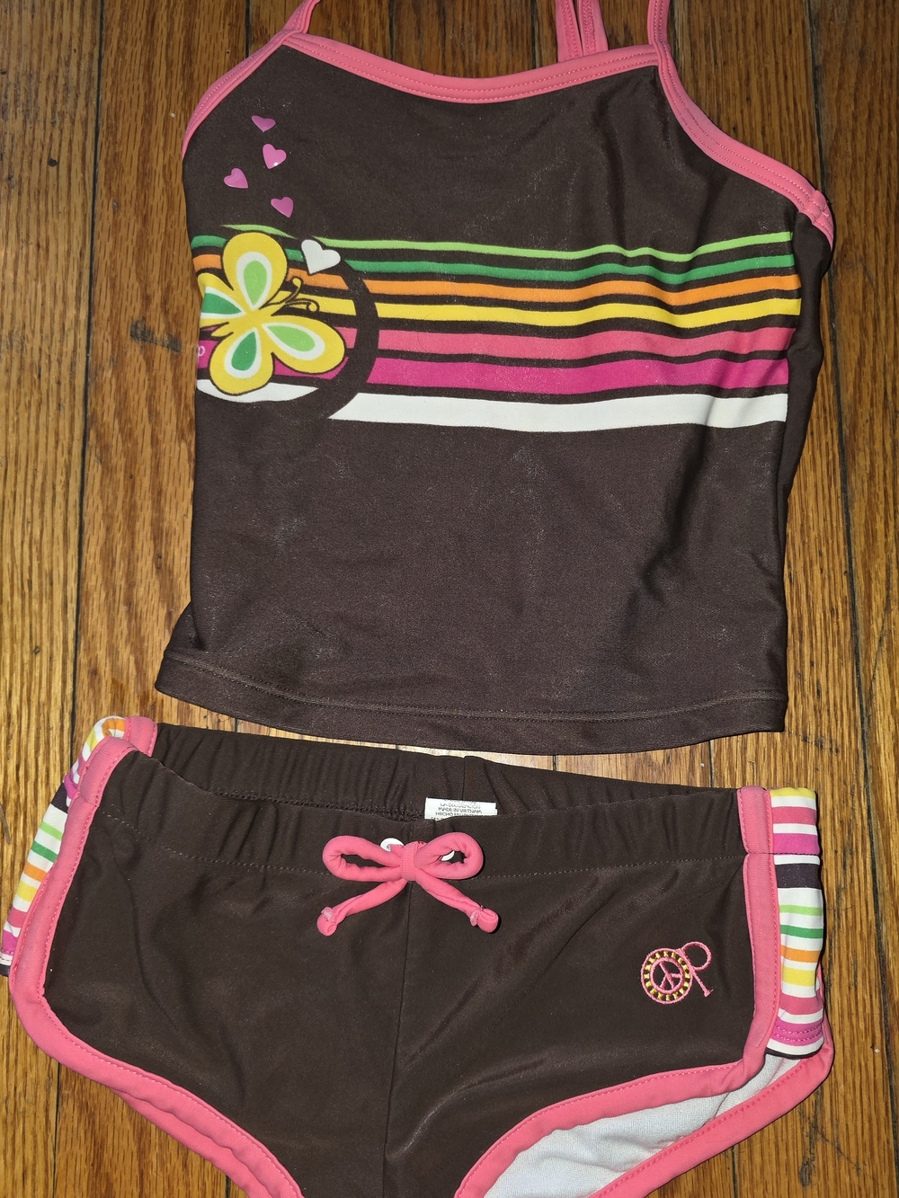 OP Girls Brown Tankini Set with Pink Trim & Multicolor Stripe